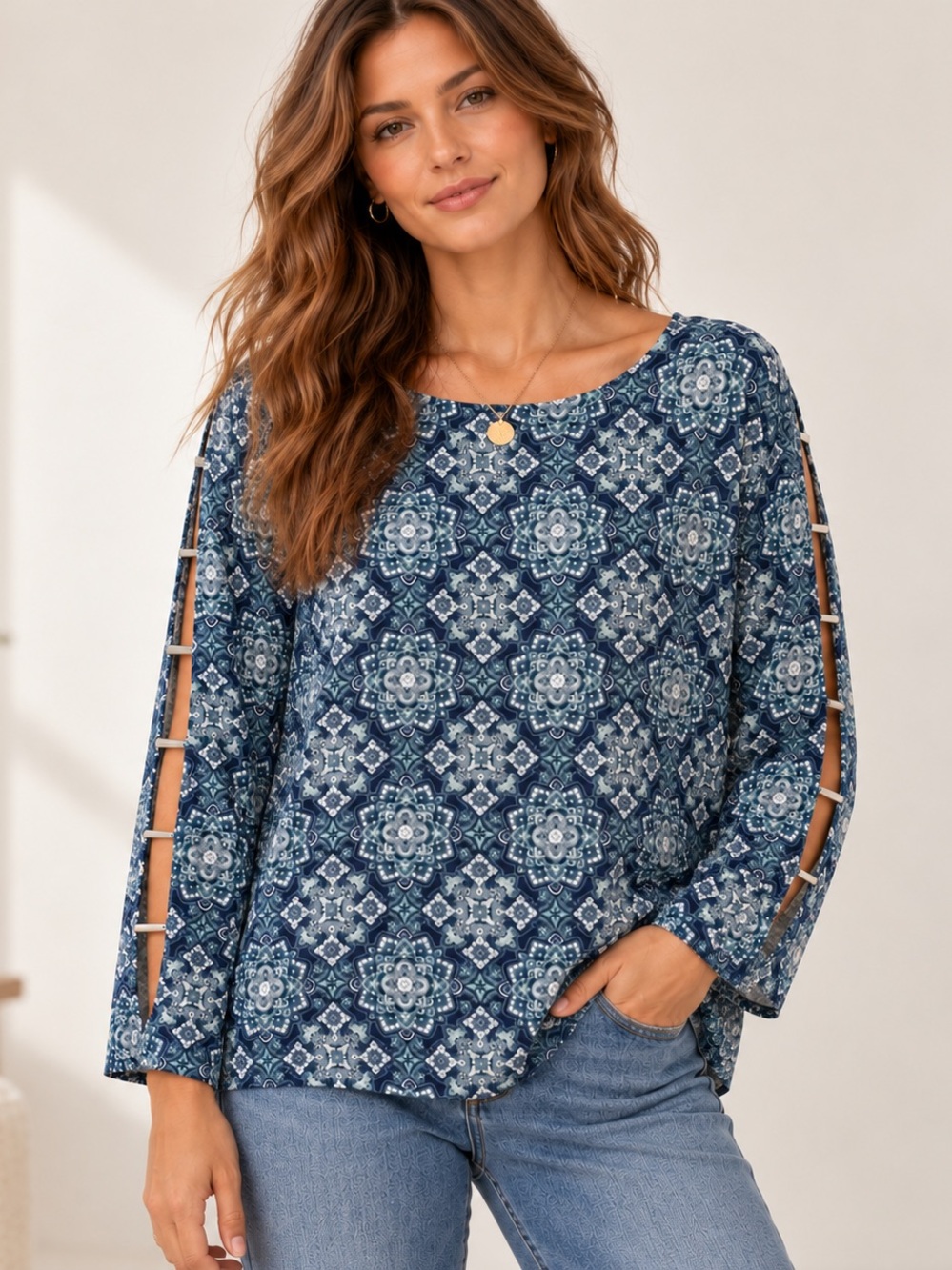 Michael Kors Blue Medallion Open Sleeve Blouse